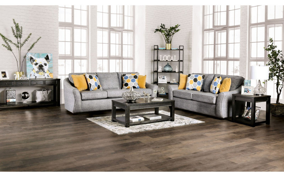 Fabric Upholstered Loveseat WIth Curved Shelter Arms, Light Gray