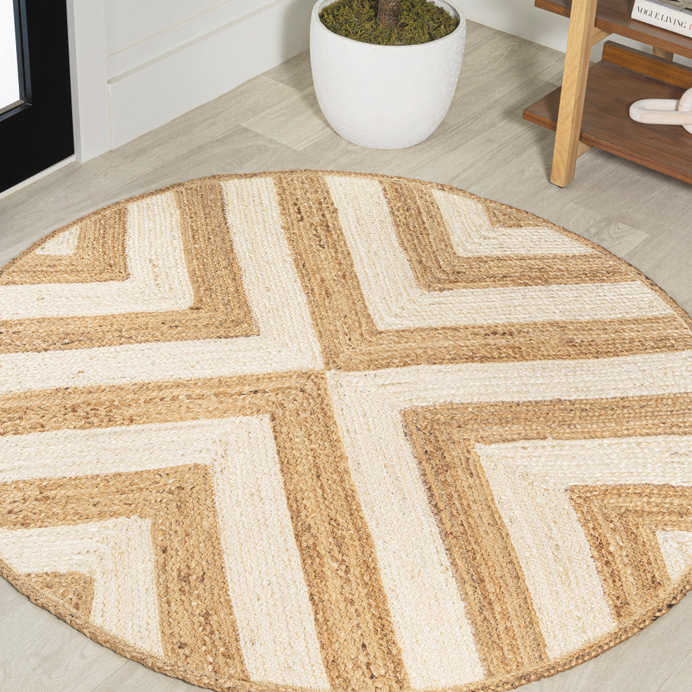 Piper Two-Tone Chevron Round Jute Round Area Rug, Cream/Natural, 5' Round