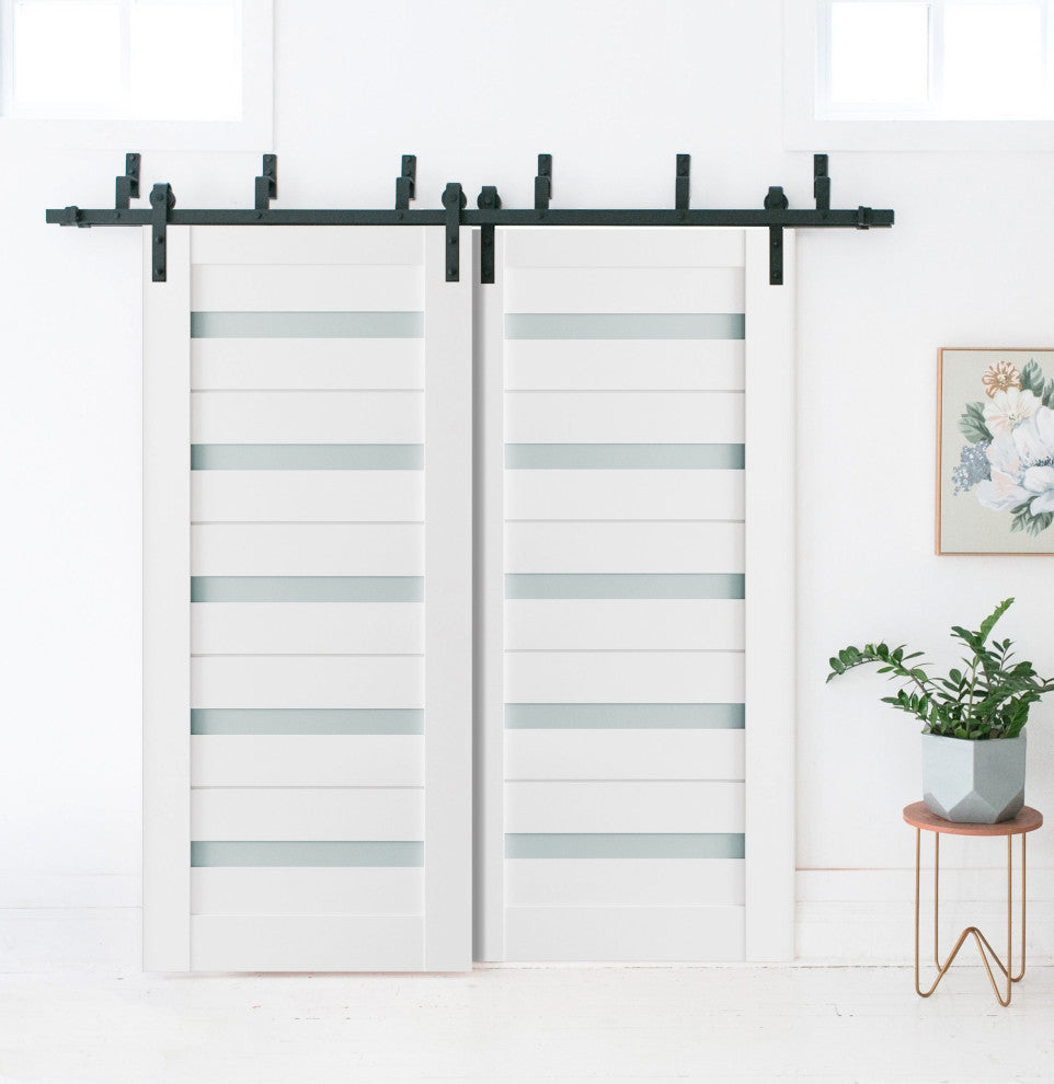 Frosted Glass Barn Bypass Doors 84 x 84, Quadro 4445 White, 8' Rails
