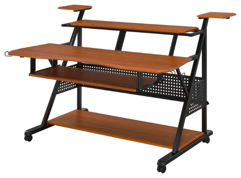 Benzara BM276201 Wood Music Desk Studio Station, Keyboard Tray, Shelves, Walnut
