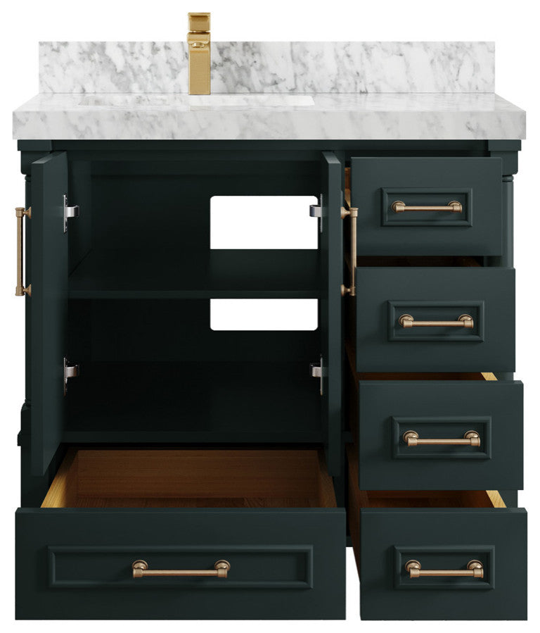 Aberdeen 36 Left Offset Bath Vanity in Dark Forest Green 2" Carrara Marble