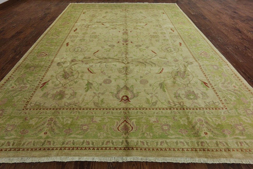 Ivory and Green Floral Peshawar Hand-Knotted Oushak Chobi Wool Rug, 10'x14'