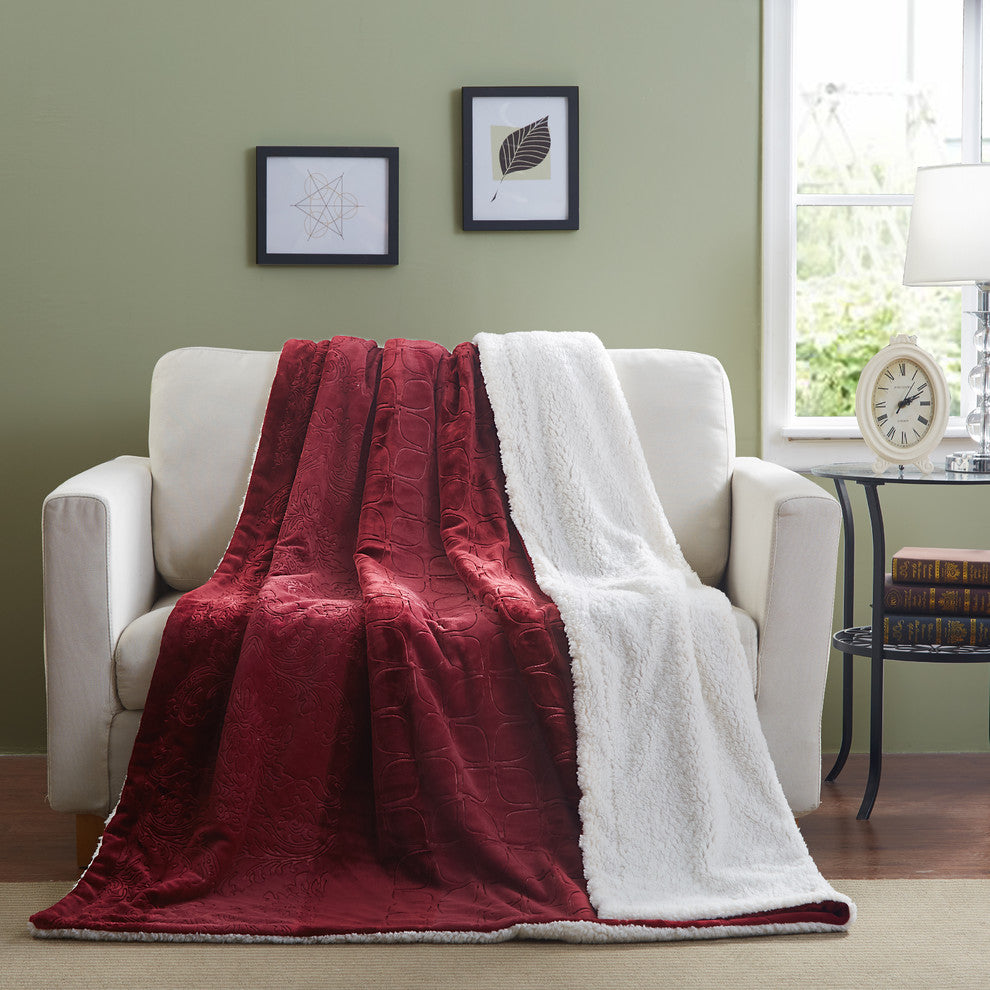 Tache Embossed Super Soft Warm Solid Merlot Red Sherpa Throw Bed Blanket, 90x90