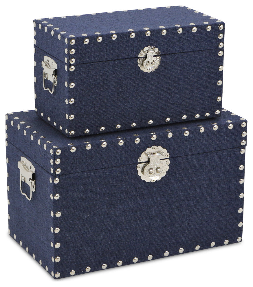 Linen Studded Boxes, Navy, Set of 2