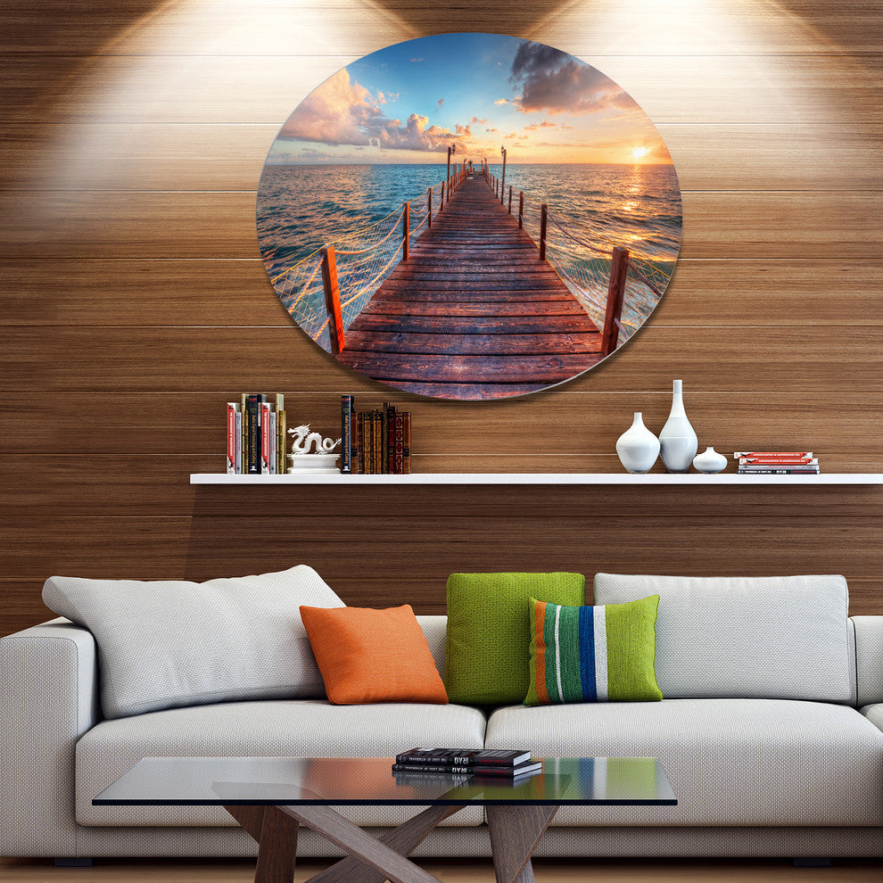 Sunset Over Wooden Sea Pier, Modern Bridge Round Metal Wall Art, 36"