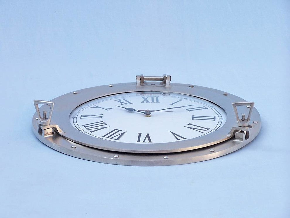 Brushed Nickel Deluxe Class Porthole Clock 17'', Nautical Wall Clock, Beach