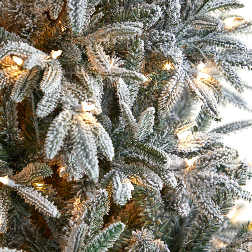 8.5' Flocked Manchester Spruce Faux Xmas Tree W/ 550 Lights & Bendable Branches