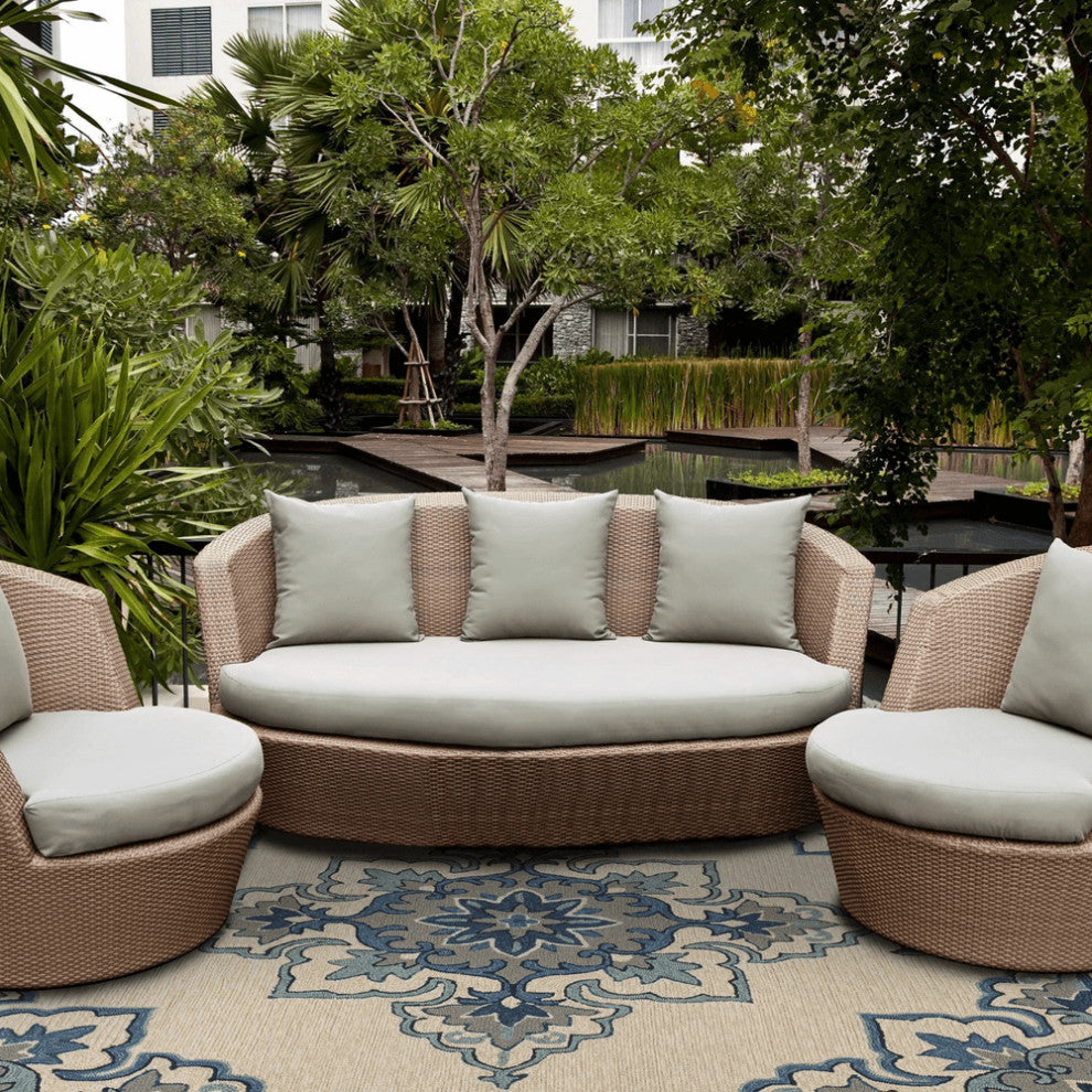 2' X 3' Ivory and Blue Damask Handmade Indoor Outdoor Area Rug