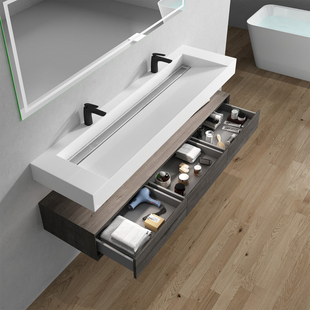 Alysa 72" Floating Bath Vanity, Acrylic Sink/Double Faucet Hole, Smoke Oak