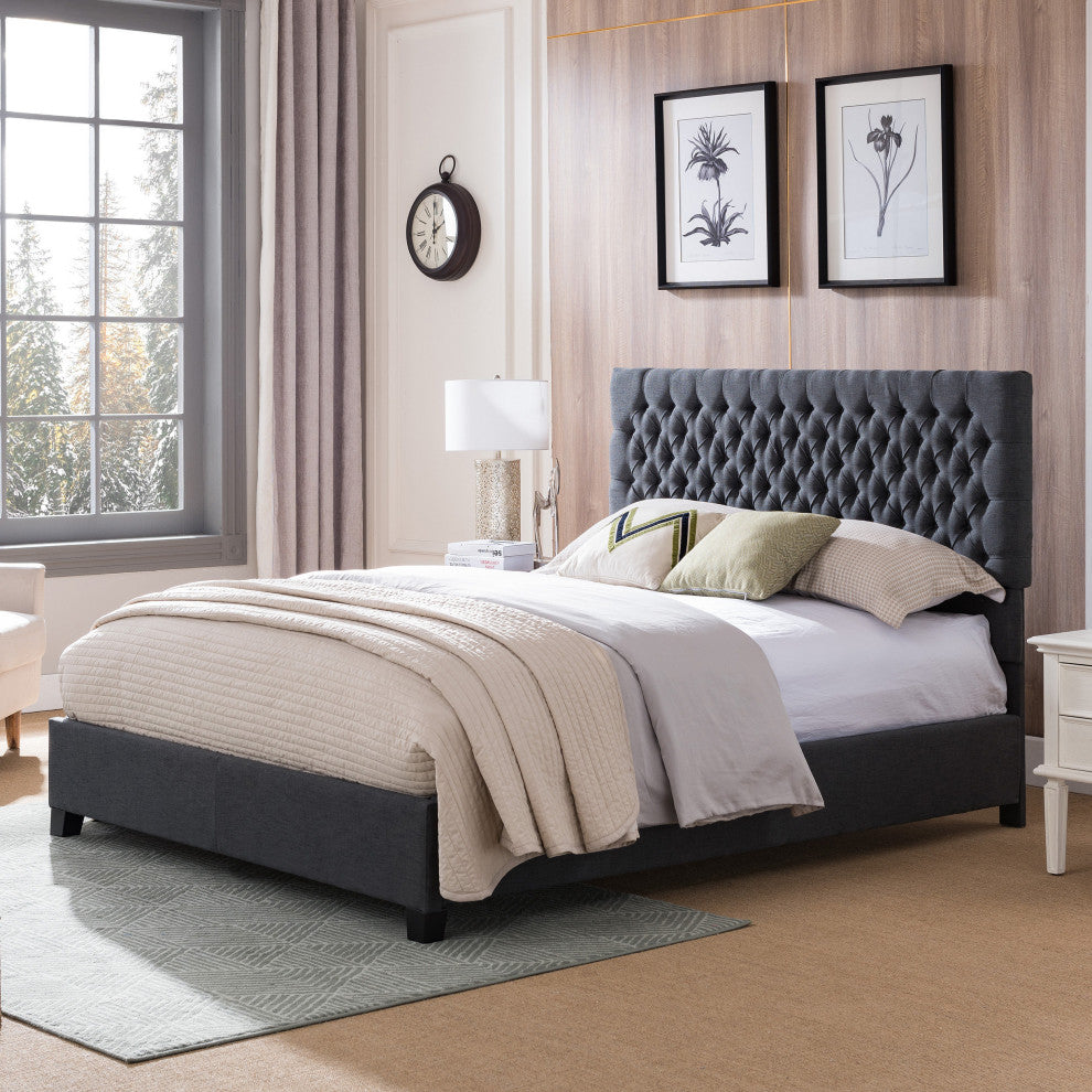 GDF Studio Cumulus Fully Upholstered Fabric Queen Bed Set, Dark Gray/Dark Brown