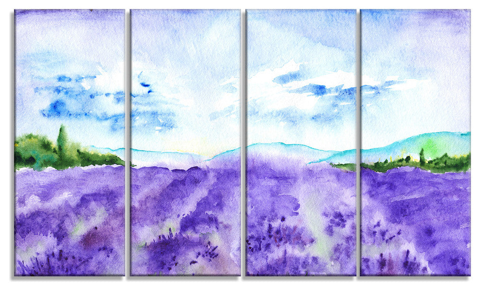 Blue Lavender Fields Watercolor, Landscape Canvas Art Print, 48"x28", 4 Panels