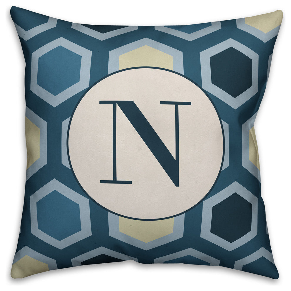 N Blue Hexagon Monogram Spun Poly Pillow, 18x18