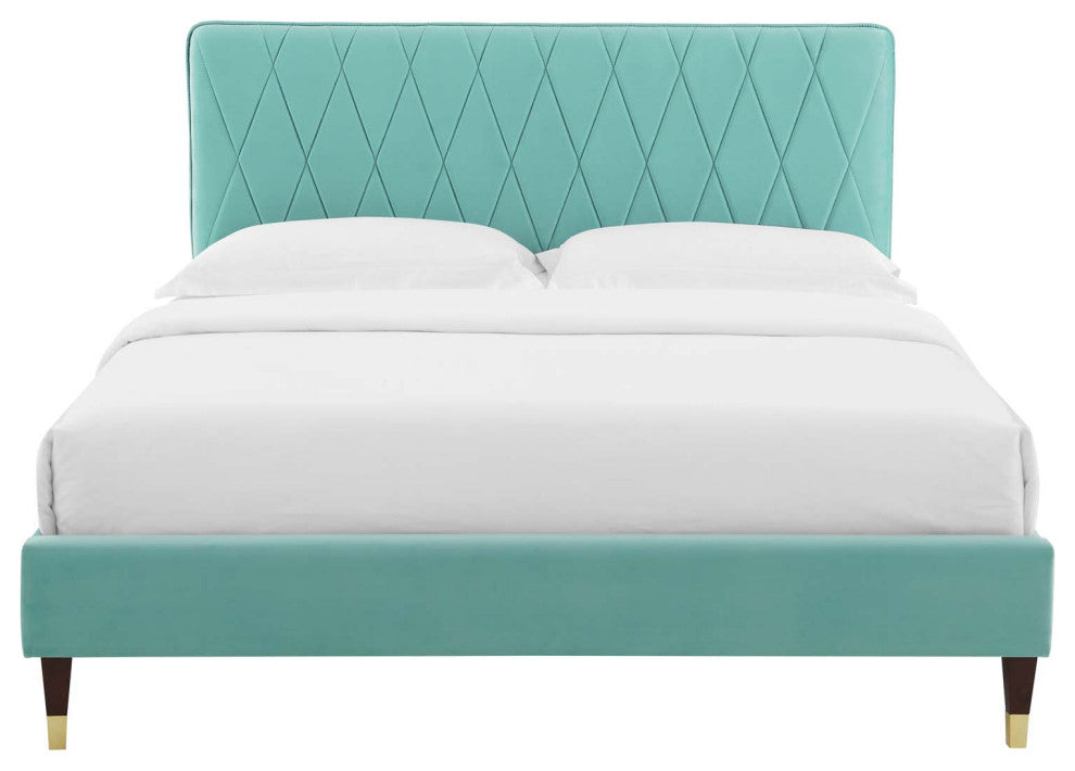 Platform Bed Frame, King Size, Velvet, Blue, Modern Contemporary, Bedroom Master