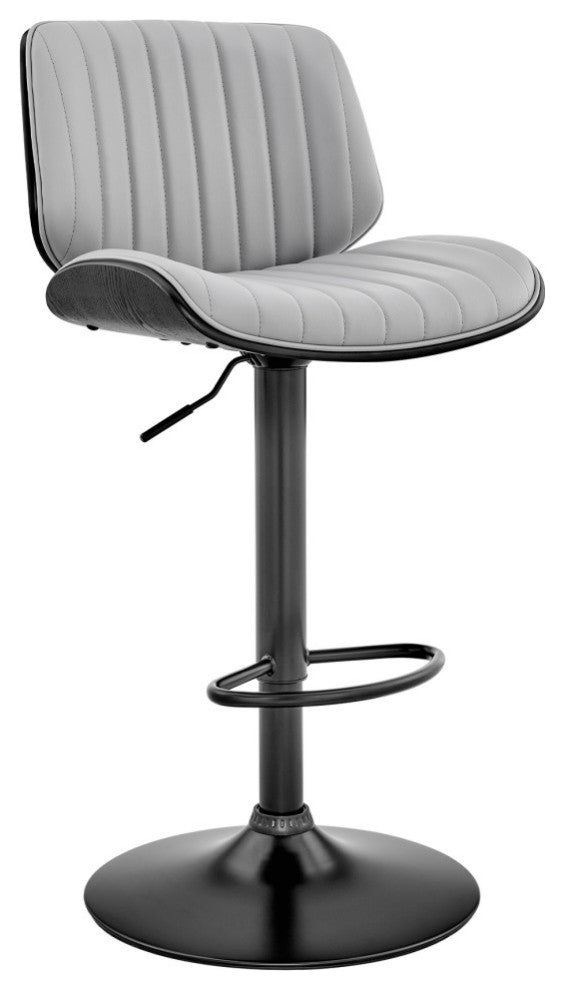 Brock Adjustable Gray Faux Leather and Walnut Wood Bar Stool With Black Base