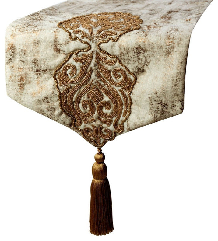 Table Runner Gold Silk 14"x90", Zardozi Damask, Foil Tassels, Aurelian Royalty