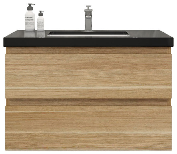 Belli 36" Wall Mounted Single Bathroom Vanity Set, White Oak, Matt Black Top