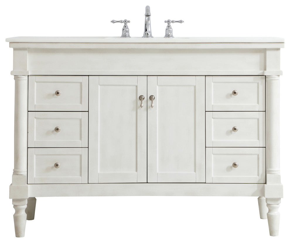48" Single Bathroom Vanity, Antique White With Ivory White Engineered Marble