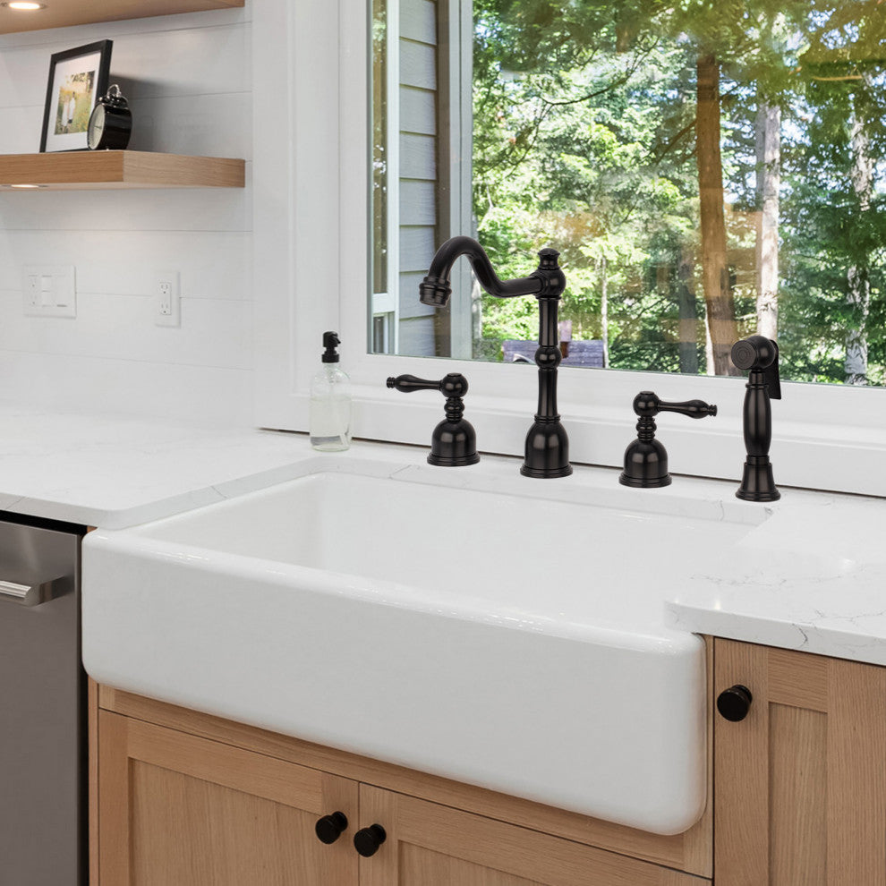 Two-Handles Copper Widespread Kitchen Faucet with Side Sprayer, Matte Black