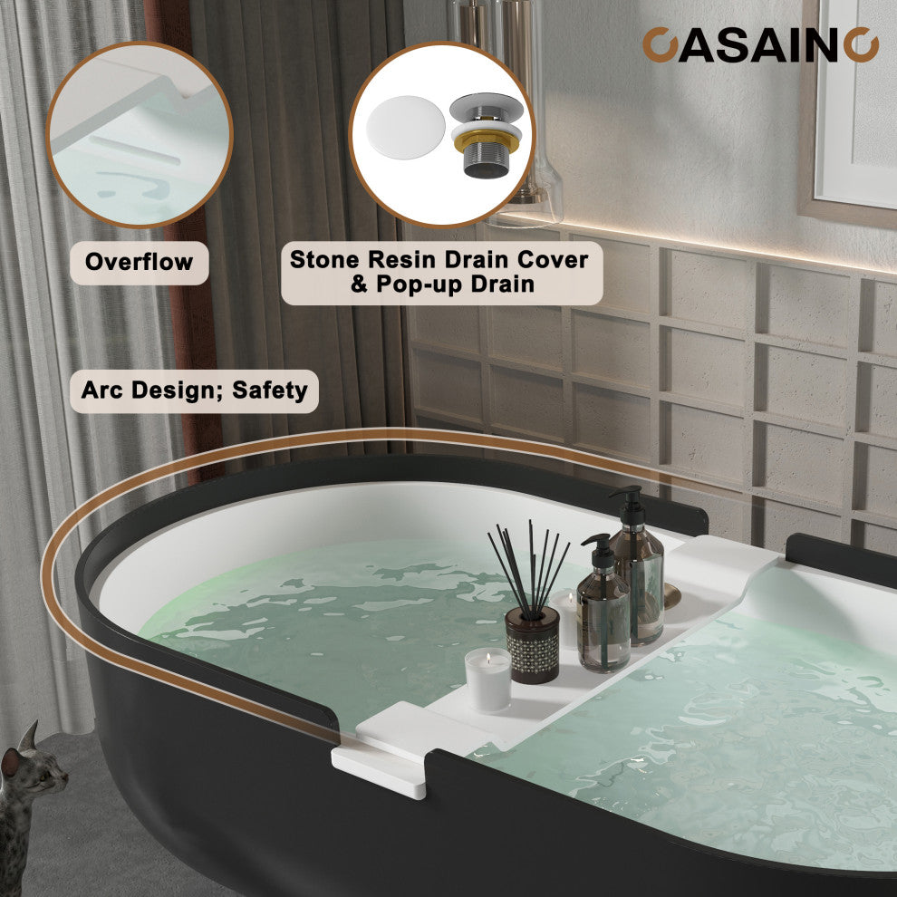67in White Solid Surface Freestanding Soaking Bathtub with Drain, 67in