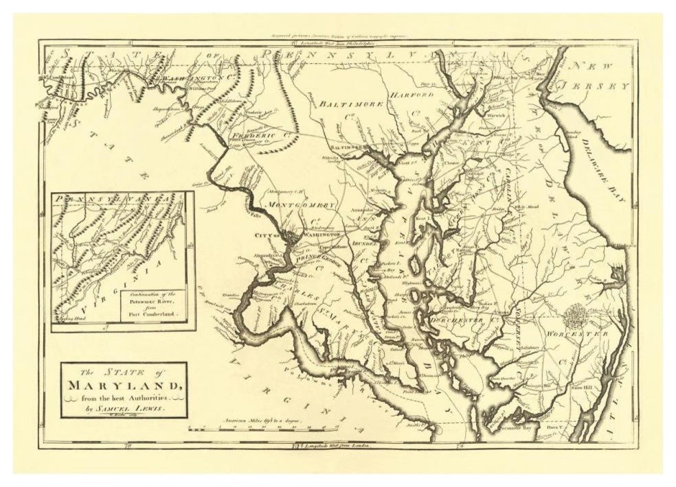 "State of Maryland, 1795" Digital Paper Print by Mathew Carey, 38"x28"