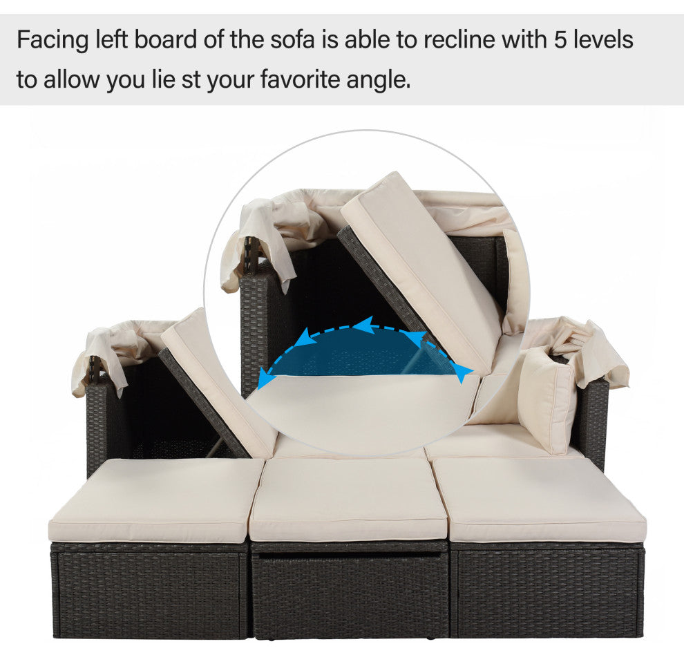 4-Piece Outdoor Wicker Sectional Patio Daybed with Canopy and Ottoman, Black Bei