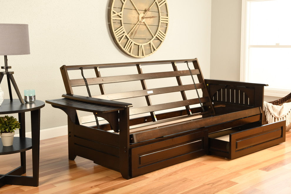 Mesa Frame Futon With Espresso Finish, Storage Drawers, Suede Blue