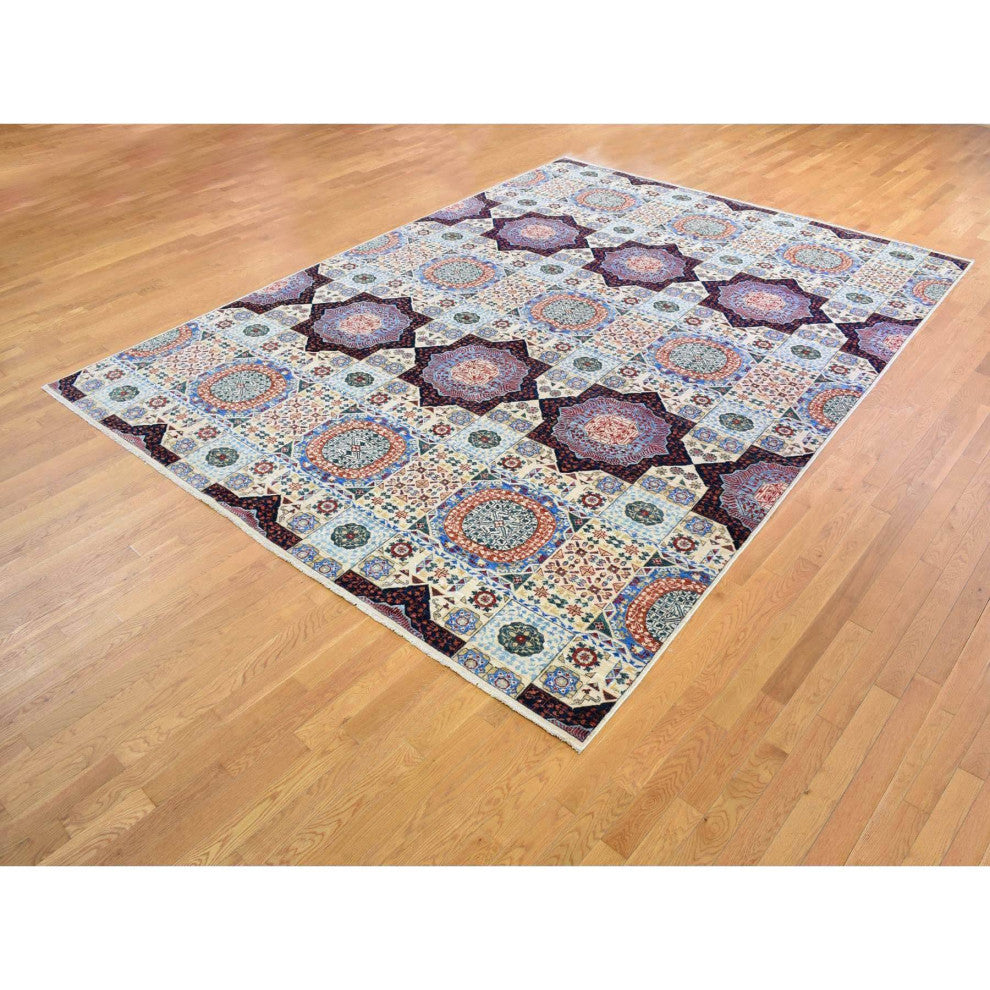 Ivory Hand Knotted Mamluk Repetitive Design, Borderless Wool Rug, 10'0" x 13'9"