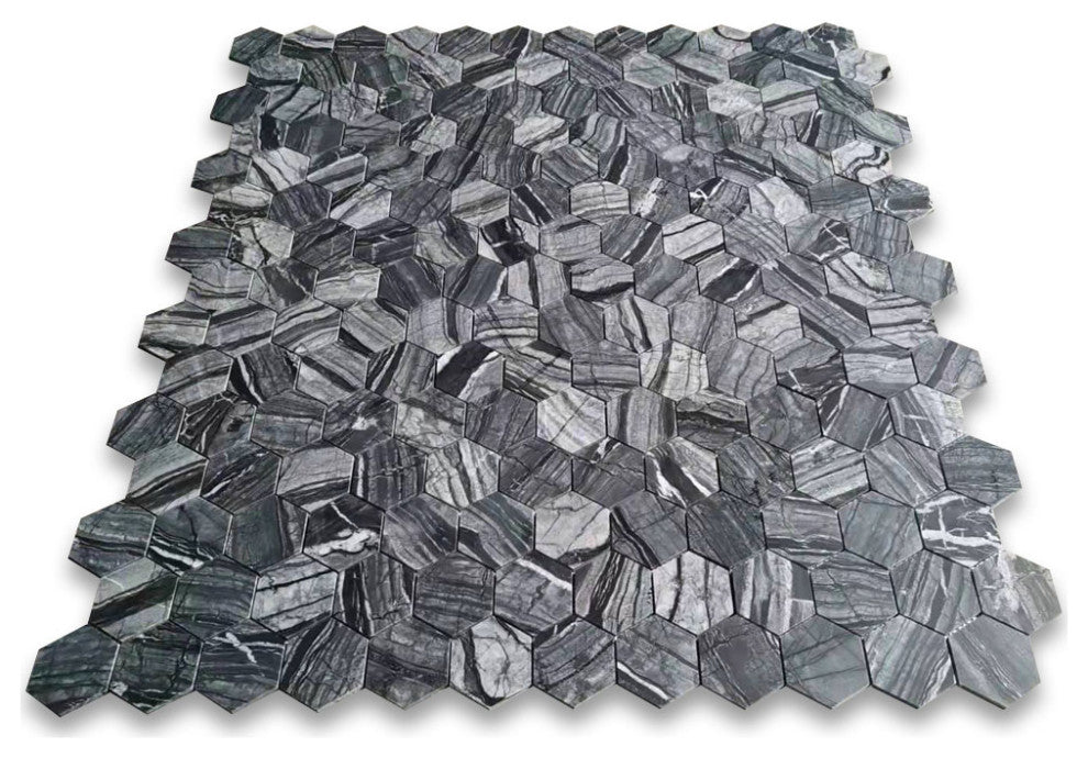 Silver Wave Black Forest Marble 3 Hexagon Wall Floor Mosaic Tile Honed, 1 sheet