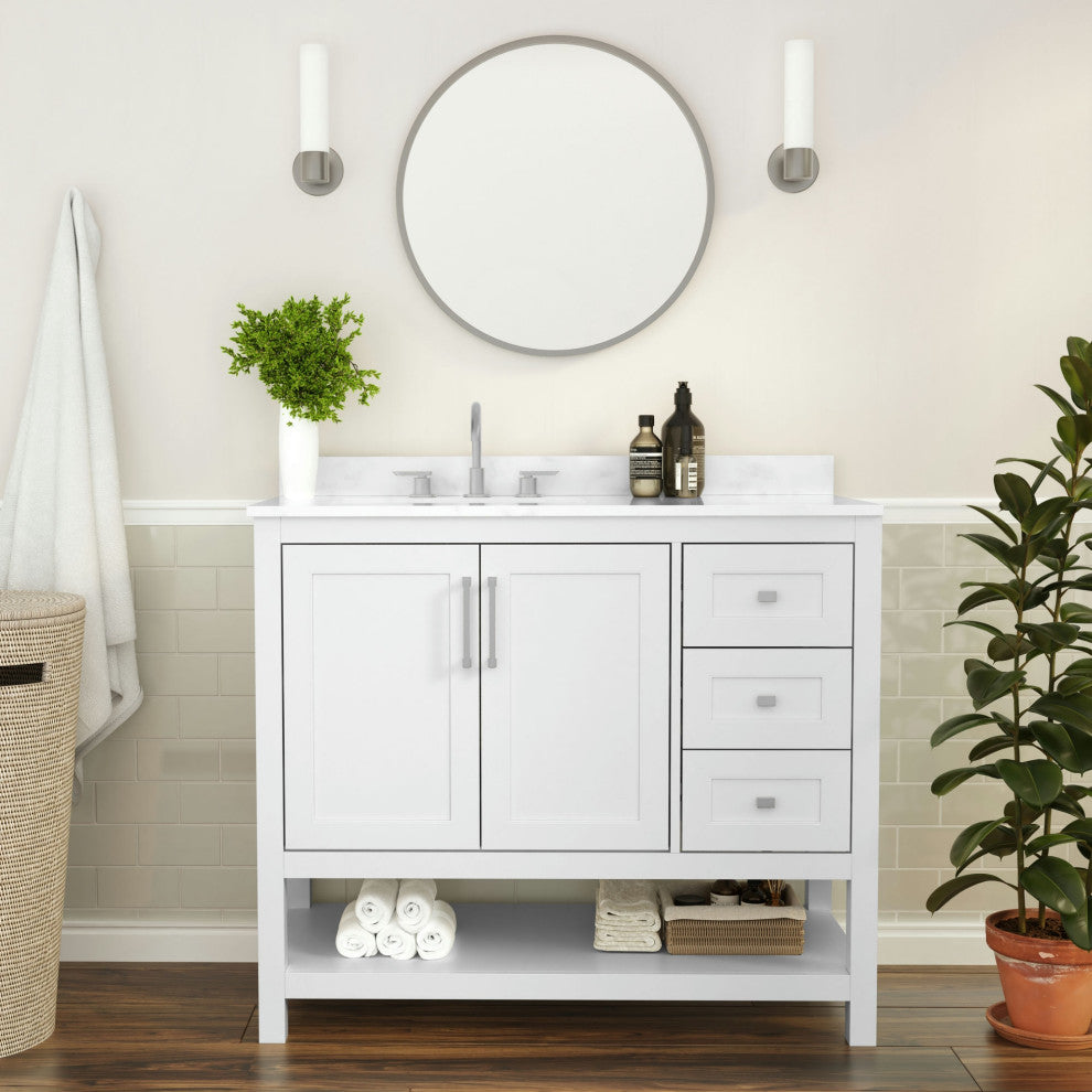 Vega Bath Vanity-Sink, Soft Close Doors, 3 Drawers, Carrara Marble Finish Top, White, 42 Inch
