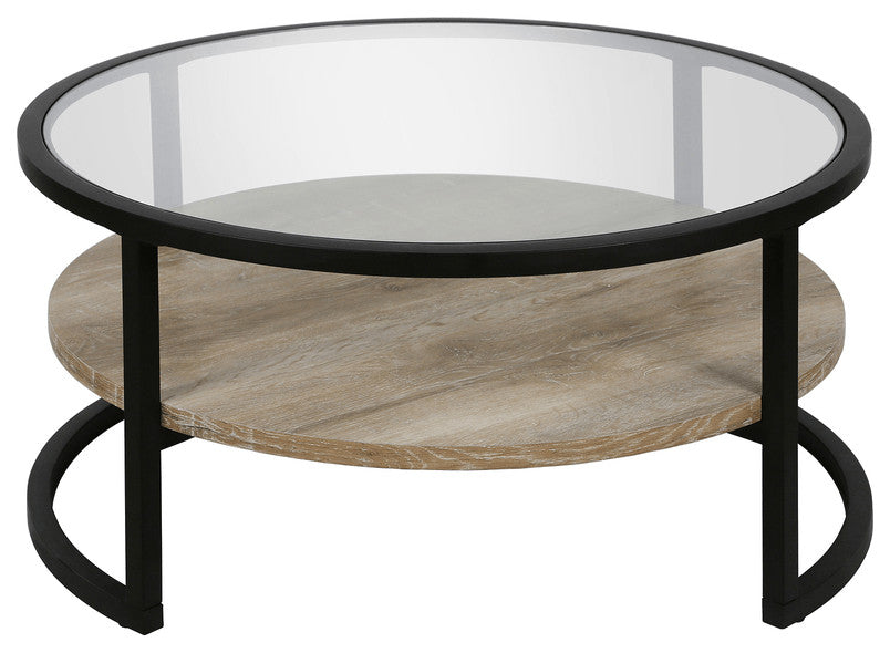 34" Black Glass And Steel Round Coffee Table With Shelf