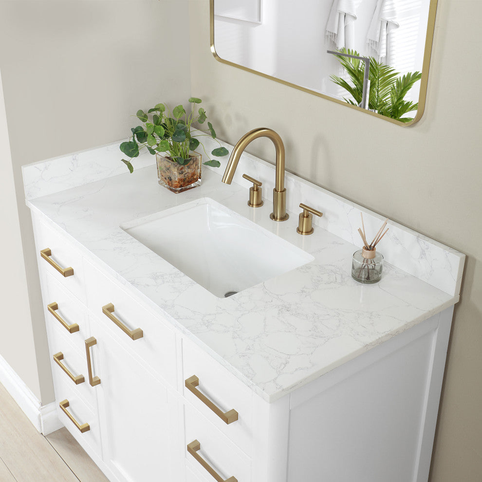 Gavino Vanity With Grain White Composite Stone Top, White/Brushed Gold, 42", No Mirror