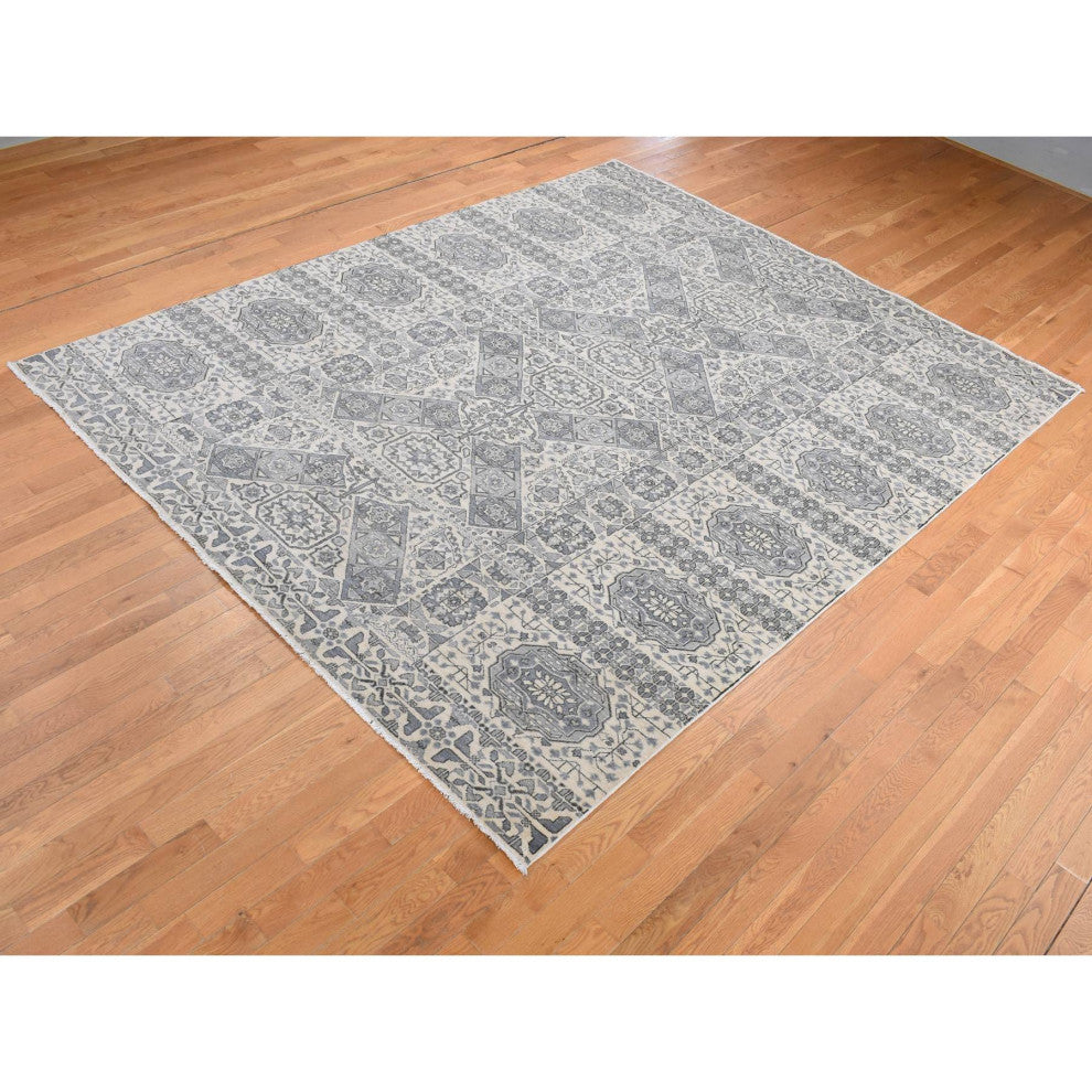 Gray, Ottoman Mamluk Design, Hand Knotted, Undyed Natural Wool Rug, 8'2"x10'5"