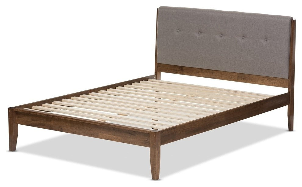 Leyton Light Gray Fabric and Medium Brown Finish Wood King Size Platform Bed