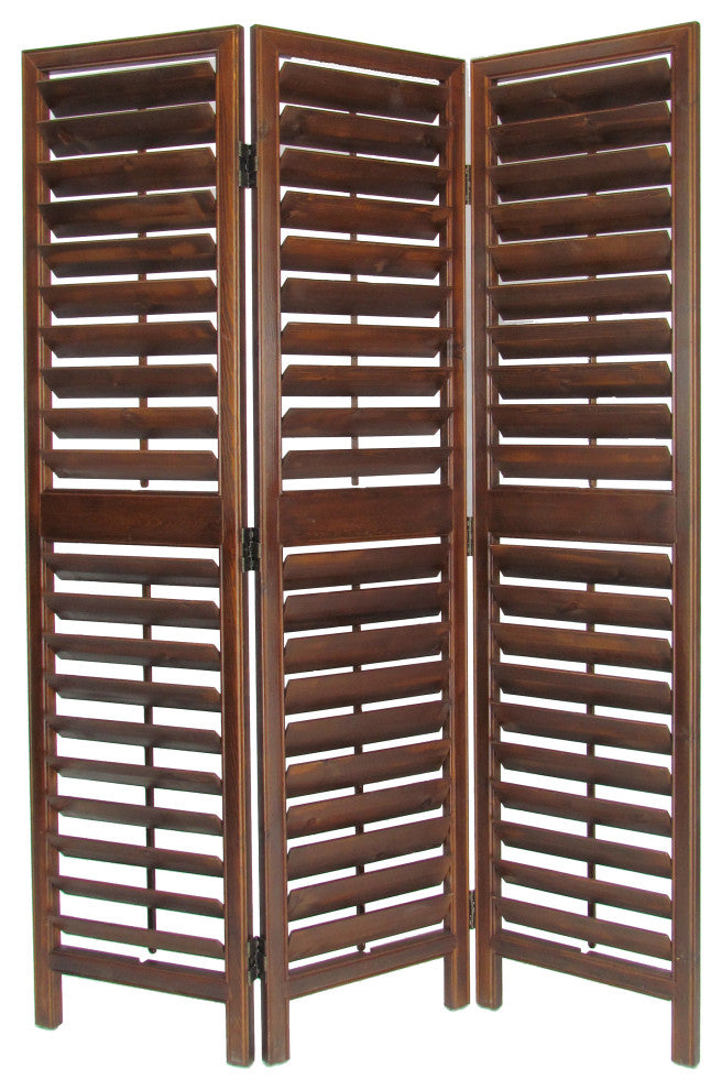 Wooden 3 Panel Room Divider with Slatted Design, Brown