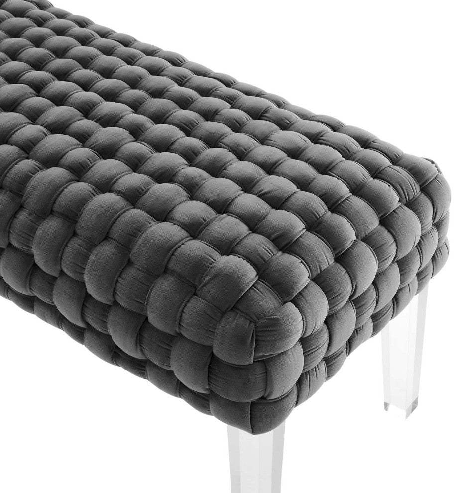 Ottoman Bench Gray, Velvet, Modern, Mid Century Hotel Lounge Cafe