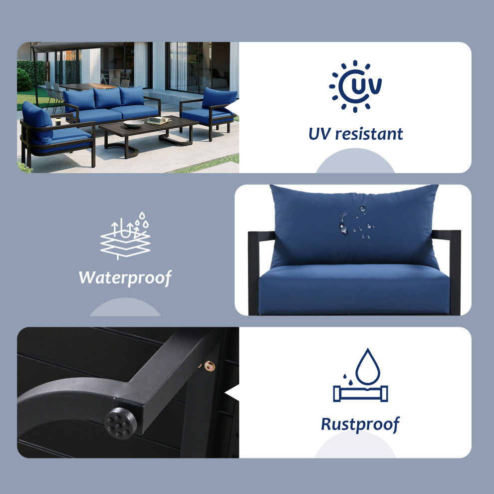 4-Piece Outdoor  Steel Patio Sectional with Table and Cushions, Blue