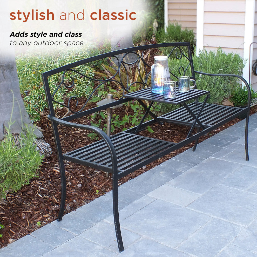 Metal Garden Bench with Retractable Table