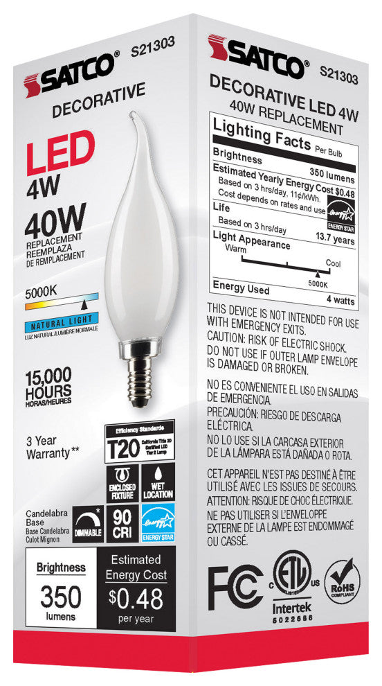 4W CA10 LED, Frost, Candelabra Base, 90 CRI, 5000K, 120V