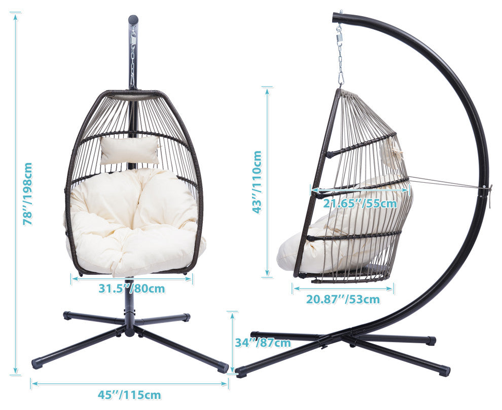 Outdoor Patio Wicker Folding Swing Chair Hanging With Bracket and Cushion Pillow