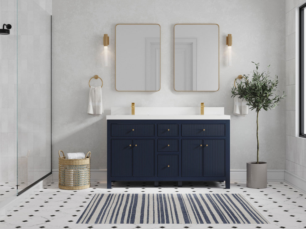 Sonoma 60 Double Sink Reeded Bathroom Vanity in Hale Navy Blue 2" White Quartz