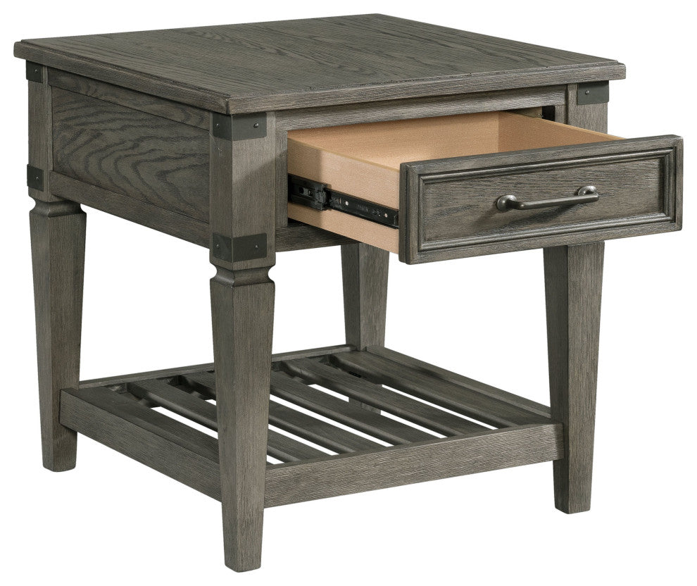 Foundry 24" Wide End Table With Drawer and Shelf, Brushed Pewter
