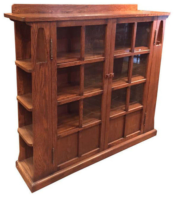 Crafters and Weavers Mission Solid Oak Double-Door Bookcase With Side Shelves