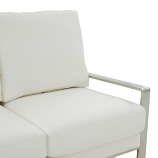 LeisureMod Jefferson Modern Faux Leather Loveseat With Silver Frame, White