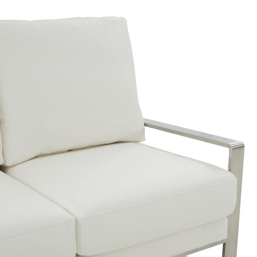 LeisureMod Jefferson Modern Faux Leather Loveseat With Silver Frame, White