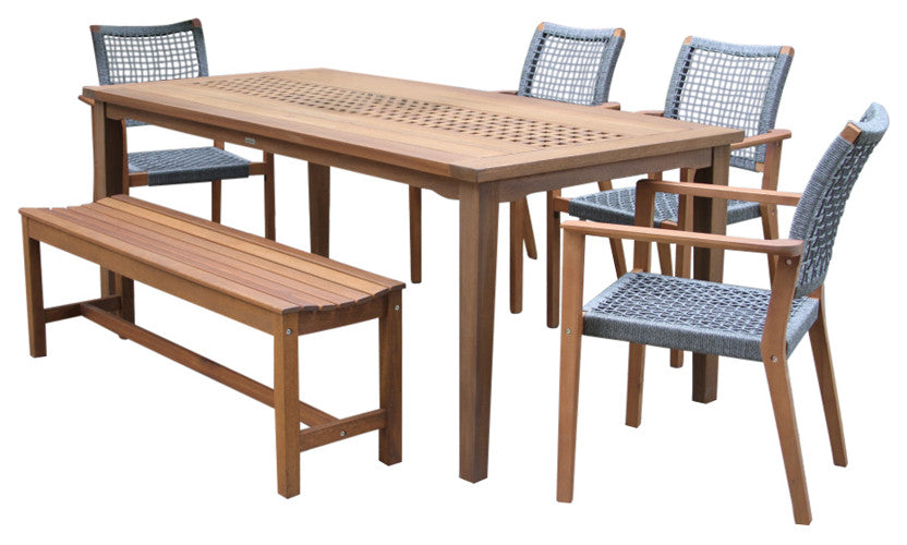 6-Piece Eucalyptus Checkerboard Dining Set With Rope Chairs
