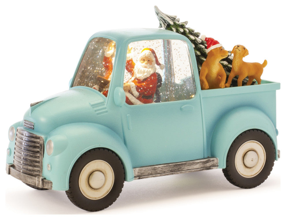 LED Snow Globe Truck With Santa and Dogs 8.75"H