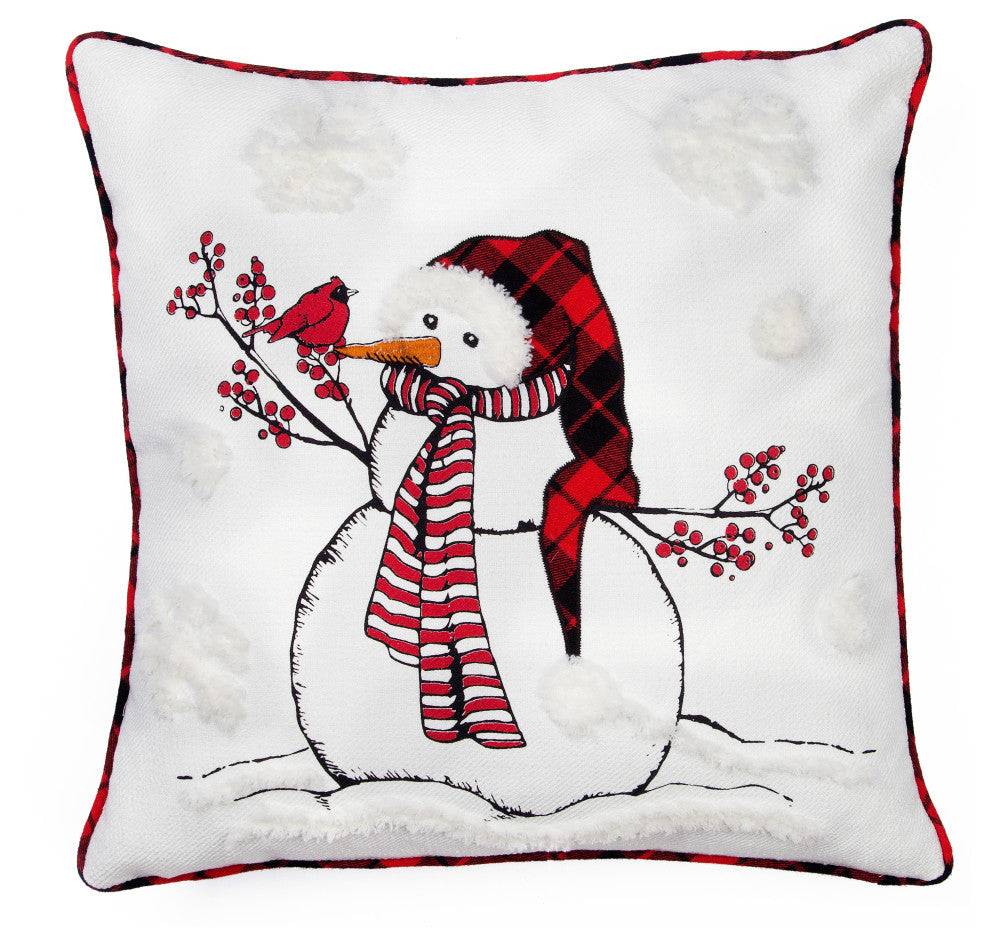 Snowman Christmas Pillow With Softy Tufted Snow Embroidered, 18"x18"