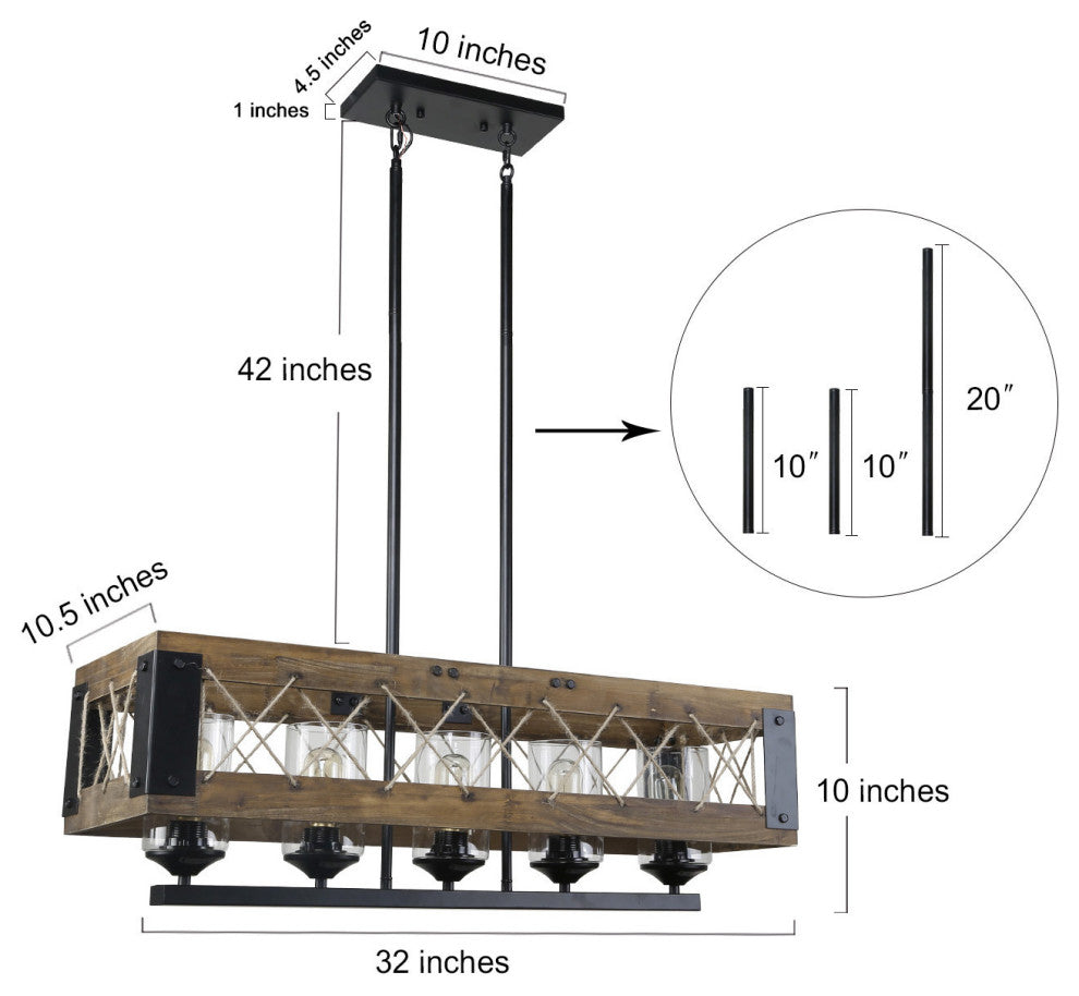 LNC 32" 5-Light Wood Farmhouse Brown Linear Kitchen Island Light