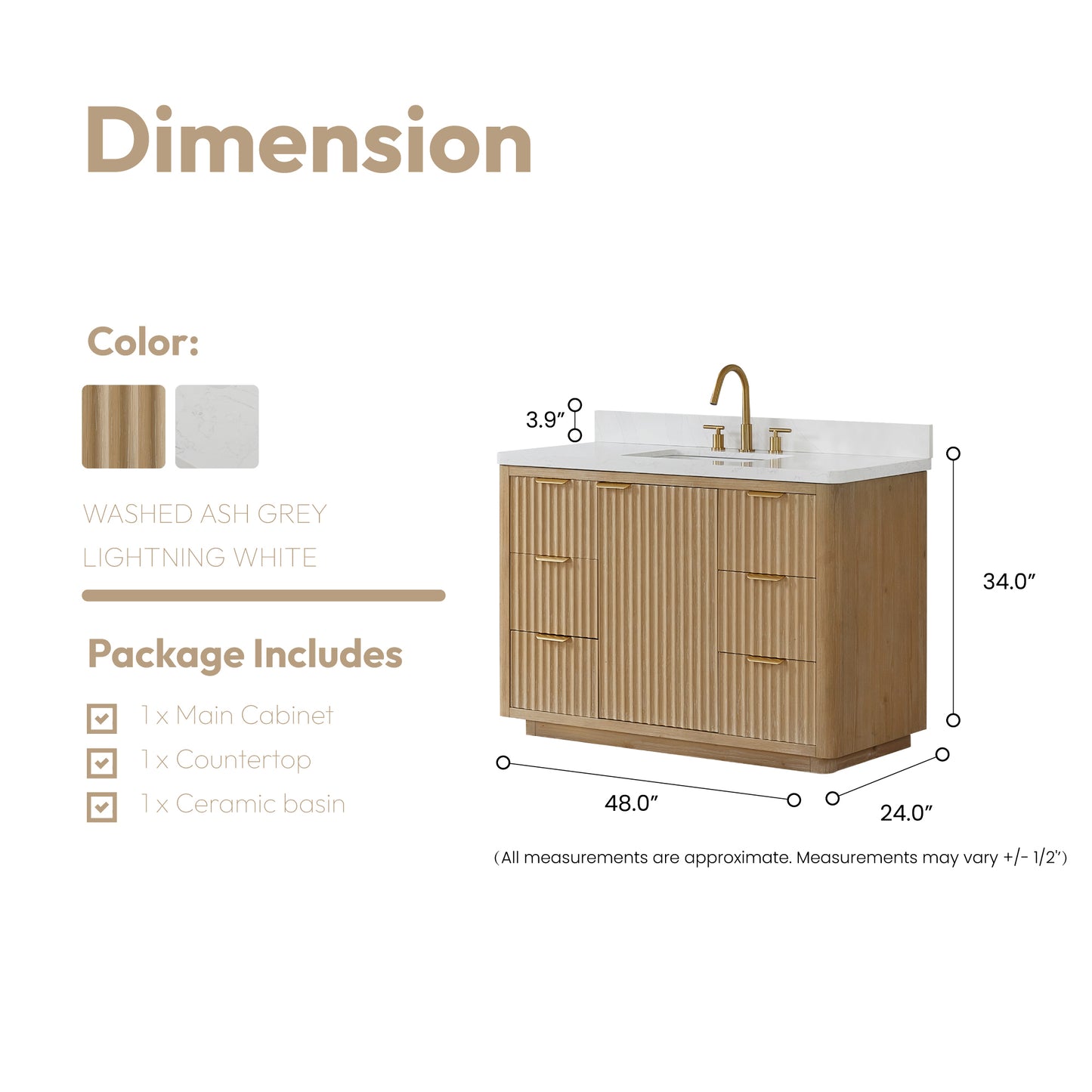 Vinnova Cadiz Bath Vanity, Composite Stone Top, Washed Ash Grey, 48", No Mirror