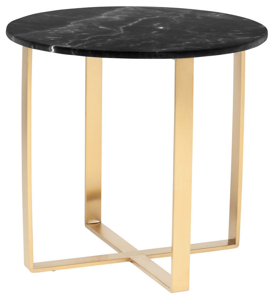 Rosa Side Table, Marble End Table, Black Round Marble Top, Brushed Gold Base